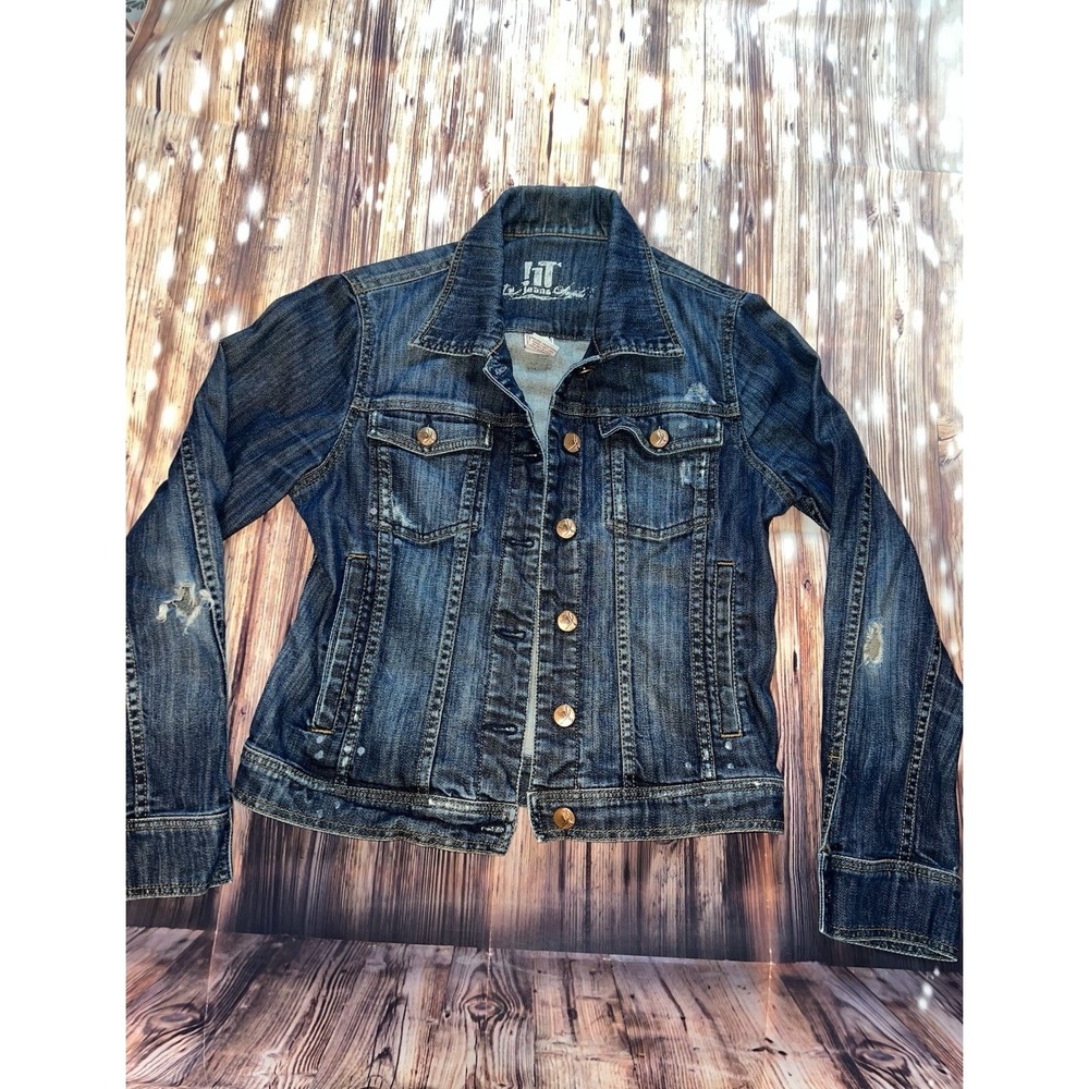 !iT Jeans Distressed Dark Denim Jacket Women's Large Western Casual Cottagecore